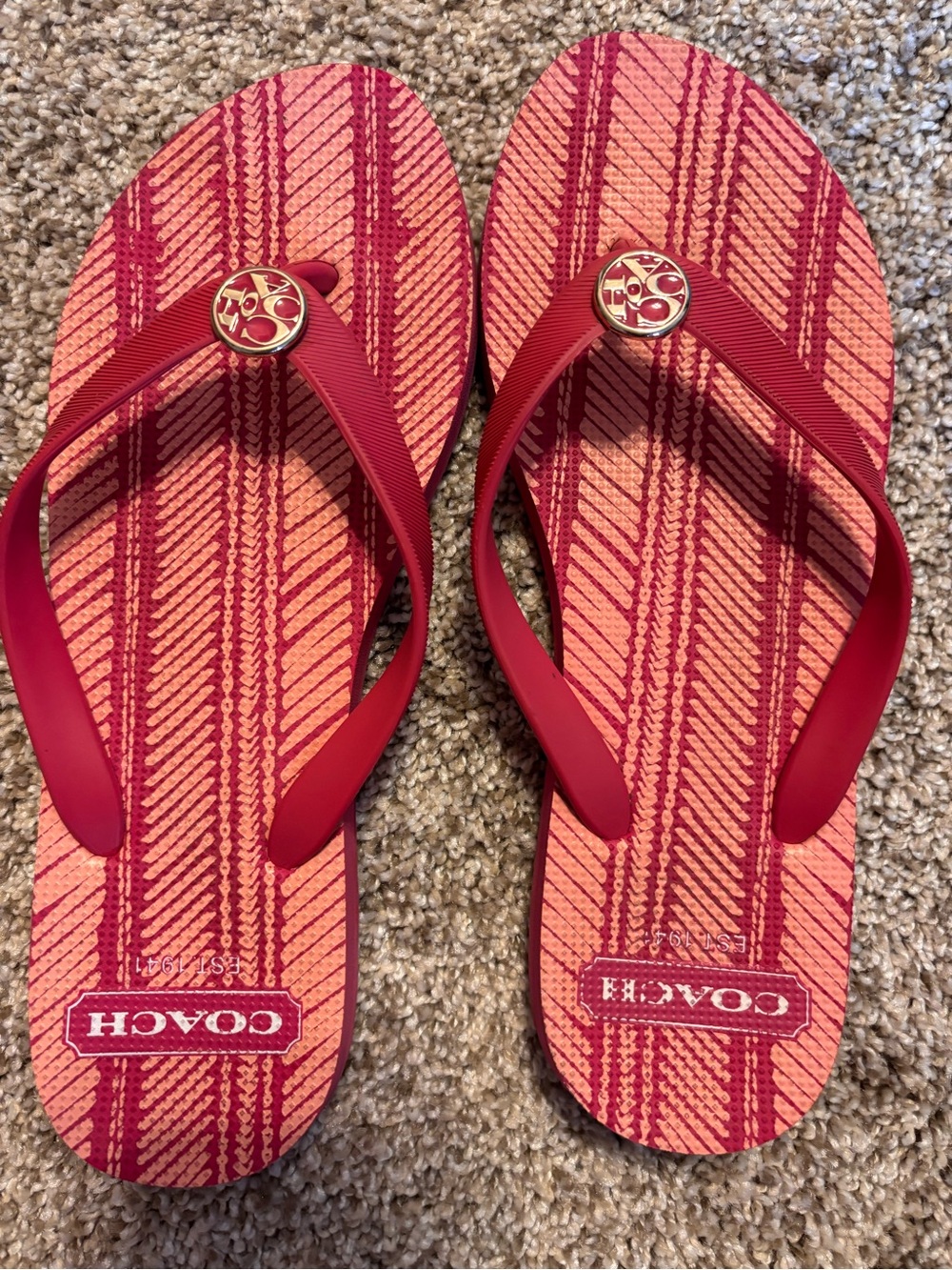 Coach Red and Coral Logo Flip-Flop Sandals